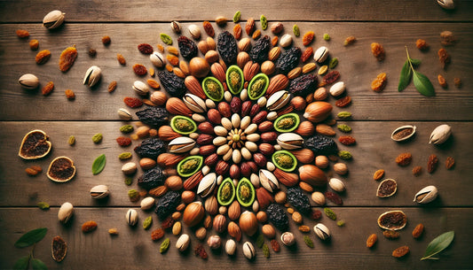 A vibrant flat-lay of dry fruits, including pistachios, hazelnuts, raisins, and figs, arranged in an energy-burst pattern on a rustic wooden background.