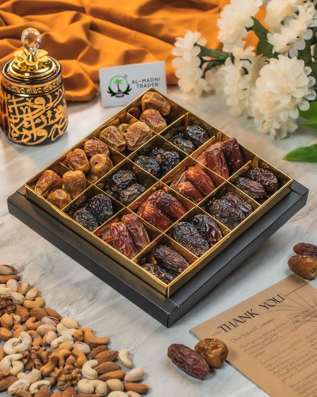 "Al Shams Gift Basket featuring premium Mabroom dates, Ajwa dates, Amber dates, Qalmi/Safavi dates, Sughai dates, and Sukkari dates."
