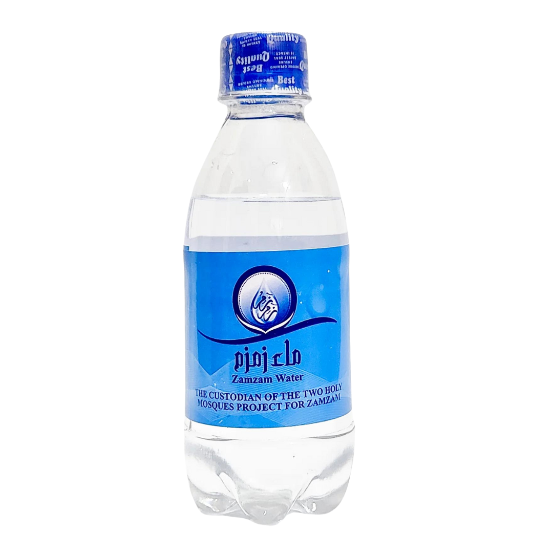 "250 ml Zam Zam water bottle with blue cap front Side"