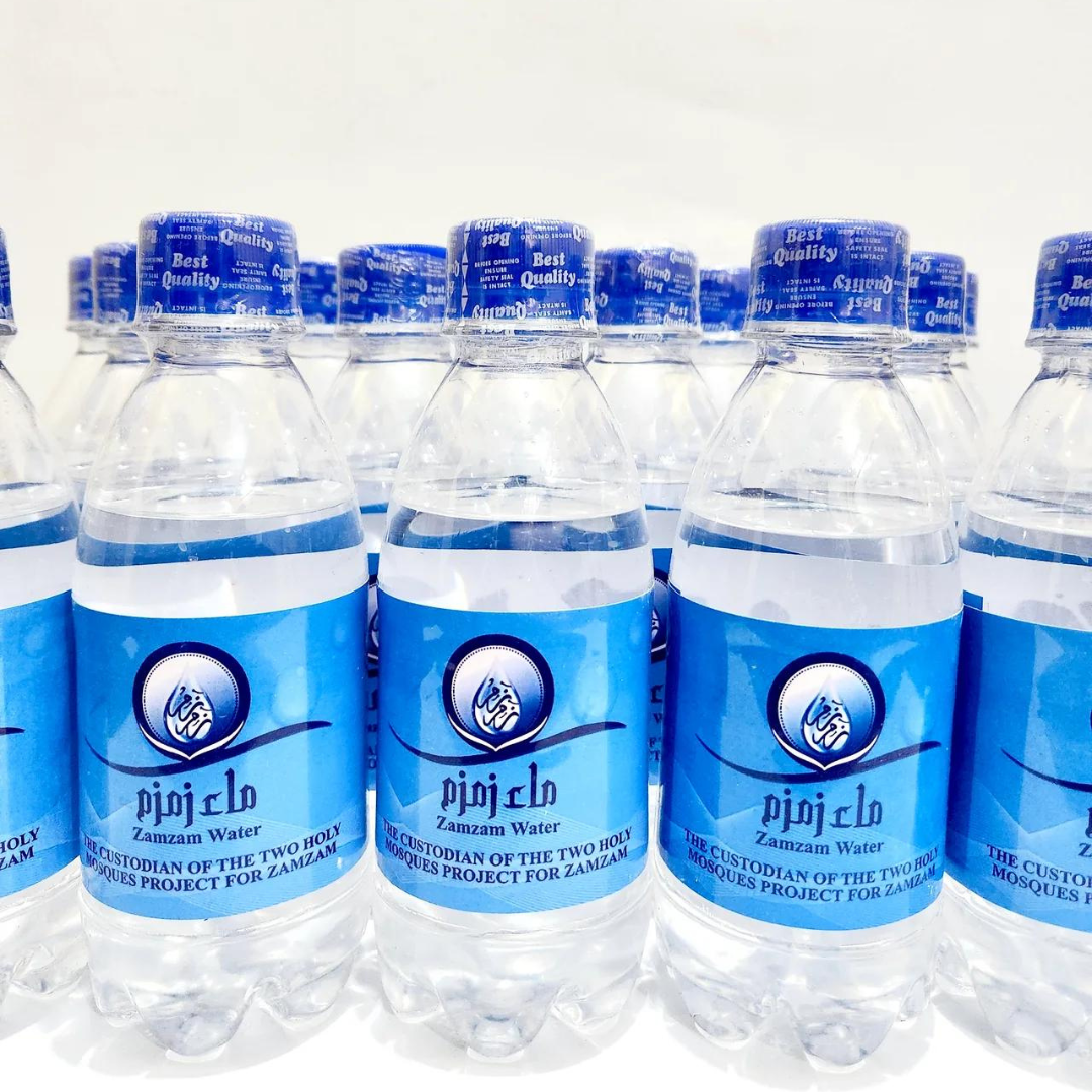 "Small 250 ml bottle of Zam Zam water, transparent design"