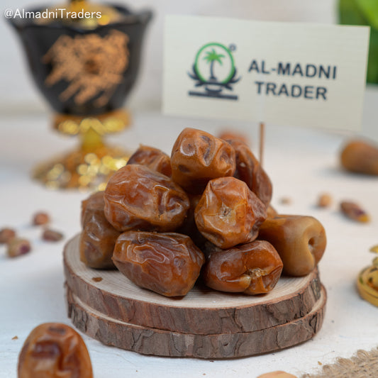 "Close-up of Sukri Rutaab Dates."Golden-brown color and plump texture"